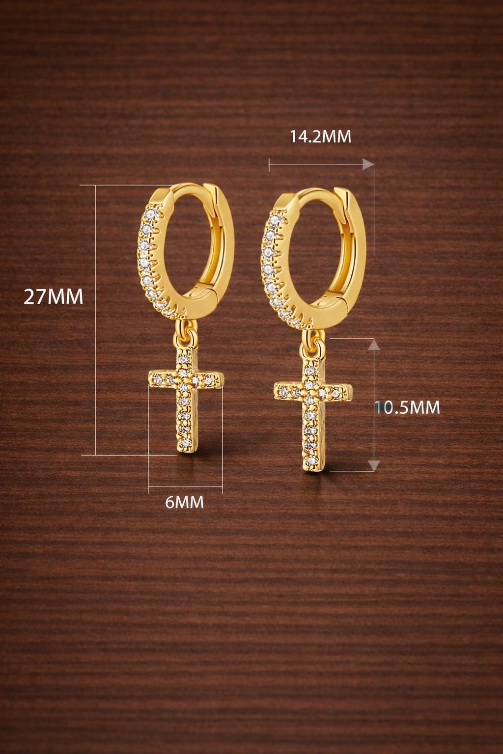 Gold Plated CZ Cross Drop Hoop Earrings, Elegant Dangle Jewelry
