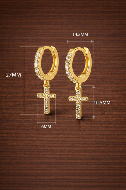 Gold Plated CZ Cross Drop Hoop Earrings, Elegant Dangle Jewelry