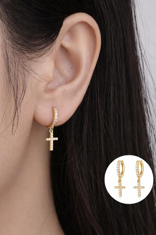 Gold Plated CZ Cross Drop Hoop Earrings, Elegant Dangle Jewelry