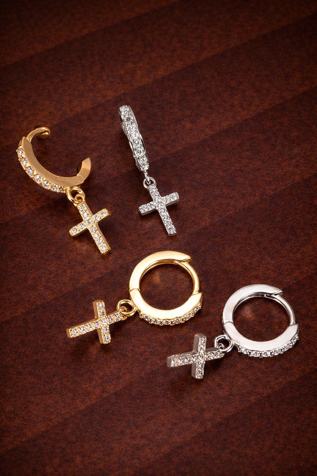 Gold Plated CZ Cross Drop Hoop Earrings, Elegant Dangle Jewelry