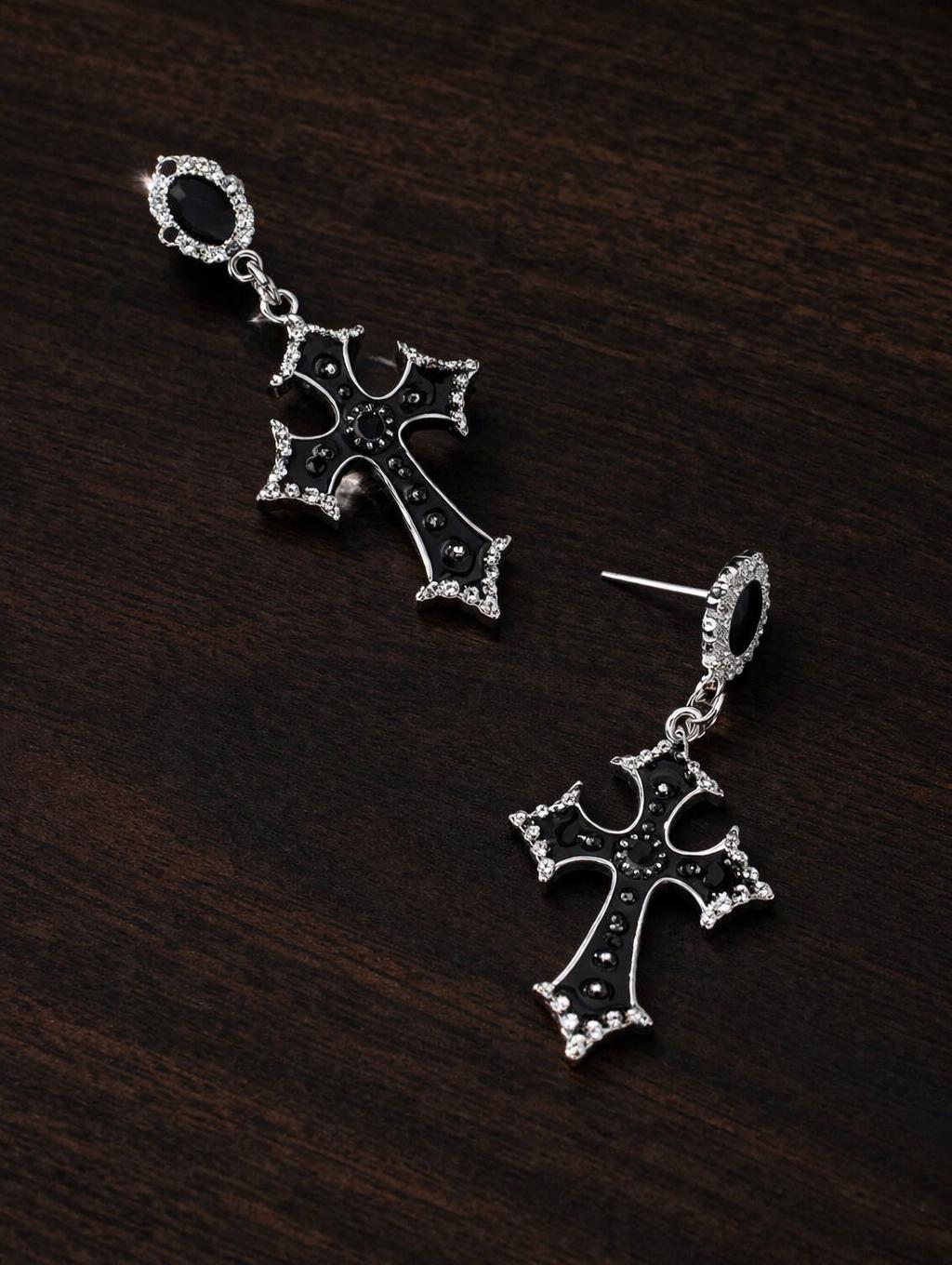 Gothic Black Cross Drop Earrings, Stainless Steel, Cubic Zirconia, Statement Jewelry
