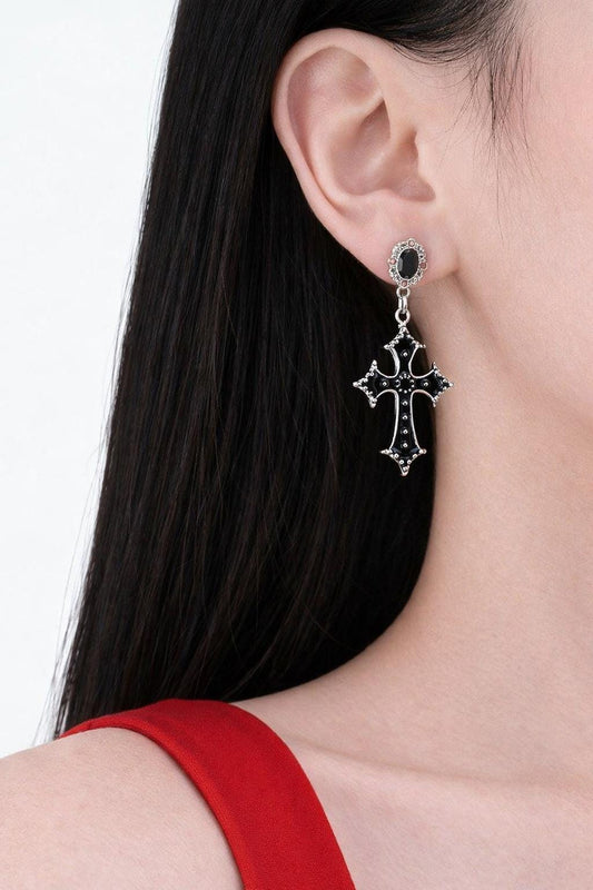 Gothic Black Cross Drop Earrings, Stainless Steel, Cubic Zirconia, Statement Jewelry
