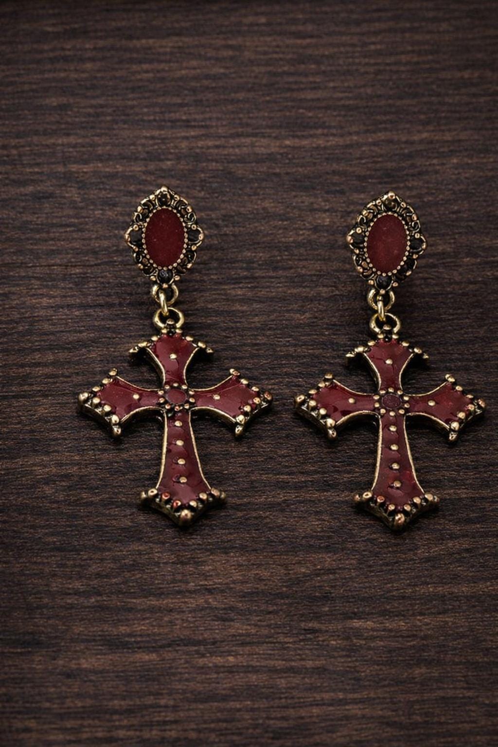 Gothic Black Cross Drop Earrings, Stainless Steel, Cubic Zirconia, Statement Jewelry