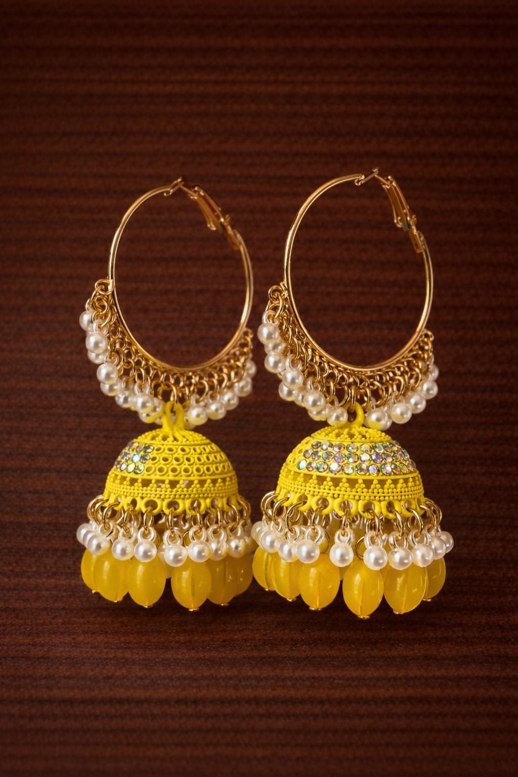 Gold Faux Pearl Hoop Jhumka Earrings, Exotic Bridal Wedding Jewelry