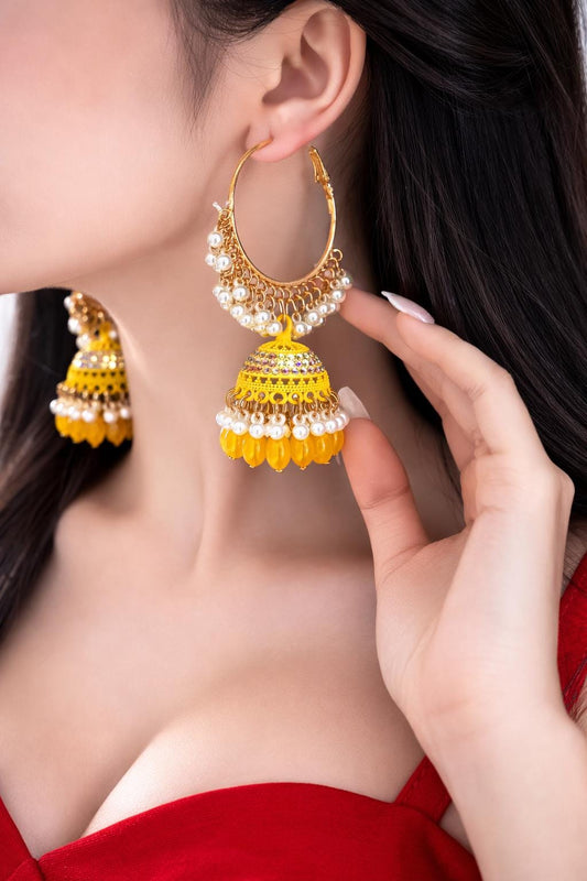Gold Faux Pearl Hoop Jhumka Earrings, Exotic Bridal Wedding Jewelry