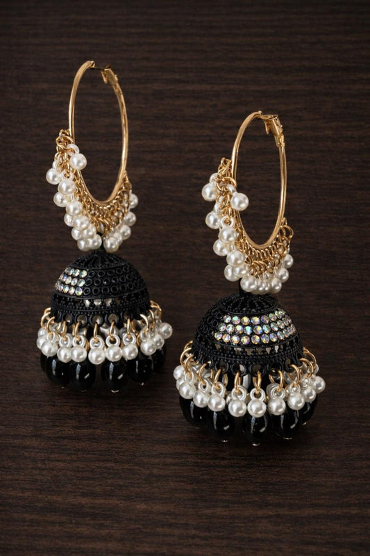 Gold Faux Pearl Hoop Jhumka Earrings, Exotic Bridal Wedding Jewelry