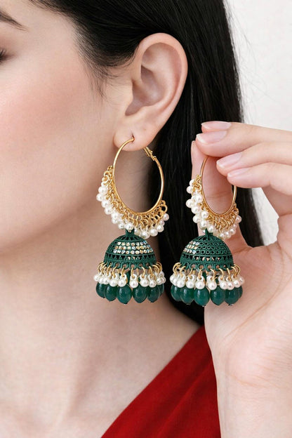 Gold Faux Pearl Hoop Jhumka Earrings, Exotic Bridal Wedding Jewelry