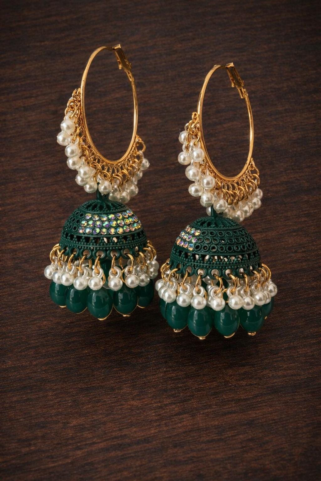 Gold Faux Pearl Hoop Jhumka Earrings, Exotic Bridal Wedding Jewelry