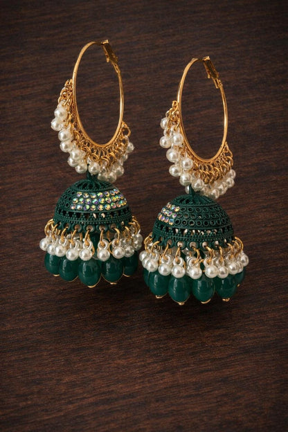 Gold Faux Pearl Hoop Jhumka Earrings, Exotic Bridal Wedding Jewelry