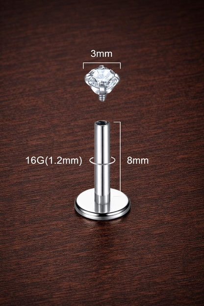 G23 Titanium CZ Stud Earring, Silver Labret Nose Stud, Helix Cartilage Piercing Jewelry