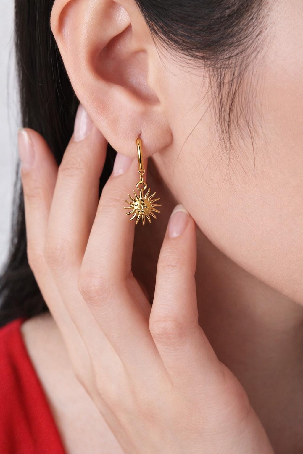 Gold Sun Hoop Earrings, Stainless Steel Dangle, Waterproof Non-Tarnish Jewelry