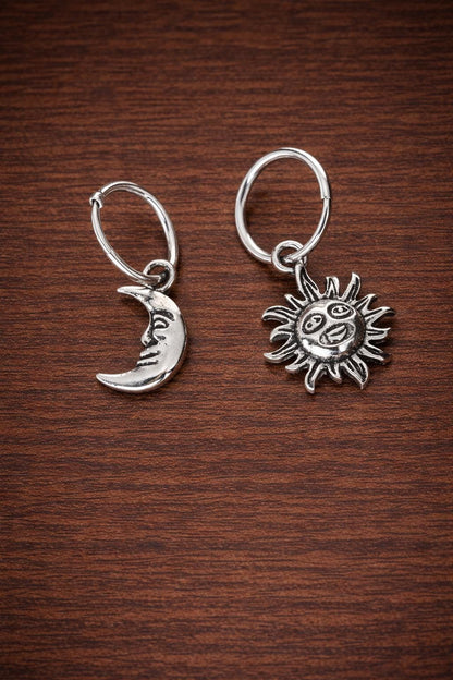 Boho Sun Moon Face Dangle Hoop Earrings, Vintage Celestial Statement Jewelry