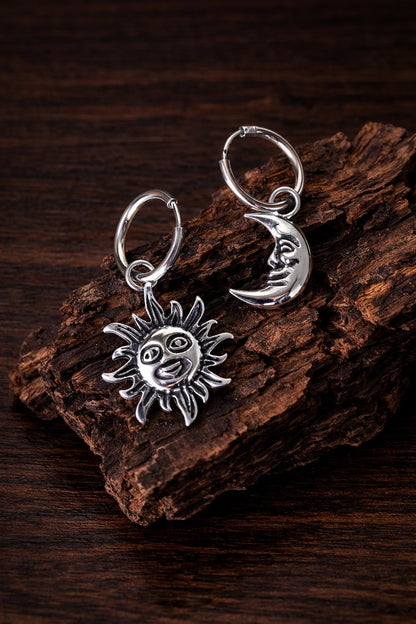 Boho Sun Moon Face Dangle Hoop Earrings, Vintage Celestial Statement Jewelry