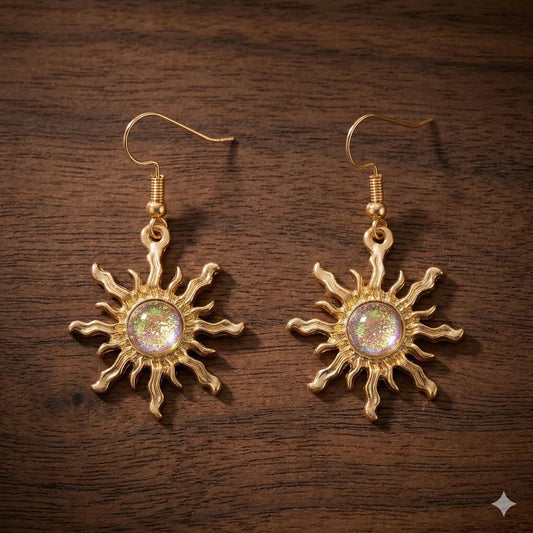 Fairycore Sun Dangle Earrings, Gold Green Celestial Jewelry, Vintage Style Hook Backs