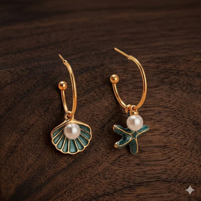 Boho Starfish Shell Hoop Earrings, Ocean Pearl Dangle Jewelry