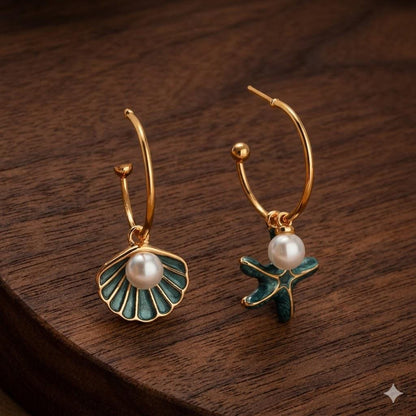 Boho Starfish Shell Hoop Earrings, Ocean Pearl Dangle Jewelry