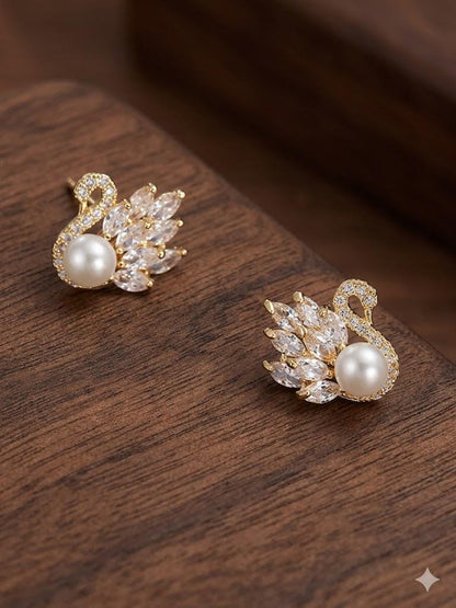 Gold Plated Pearl & Zirconia Stud Earrings, S925 Sterling Silver, Minimalist Elegant Jewelry for Women