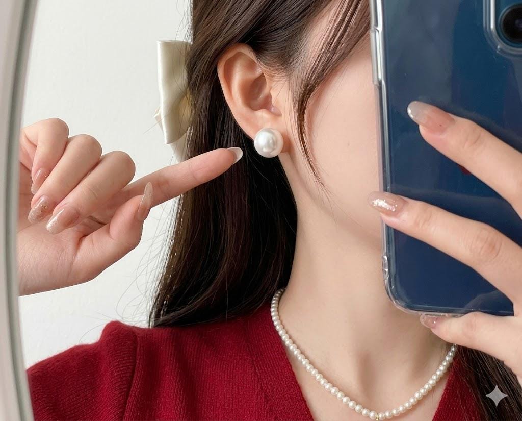 Large Flat Faux Pearl Stud Earrings, High Glossy, Hypoallergenic, Minimalist Elegant Jewelry for Women