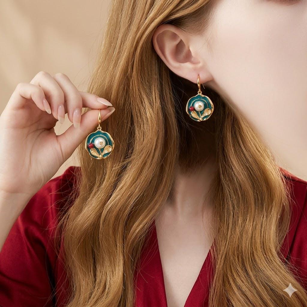 Monet Garden Floral Pearl Earrings, Oil Painting Style, Retro Wedding Jewelry