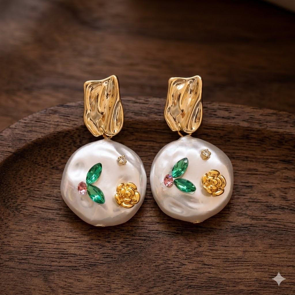 Monet Garden Floral Pearl Earrings, Oil Painting Style, Retro Wedding Jewelry