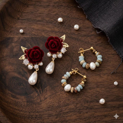 Natural Stone & Freshwater Pearl Pendant Earrings, Boho Vacation Style, Elegant Dangle Jewelry for Women