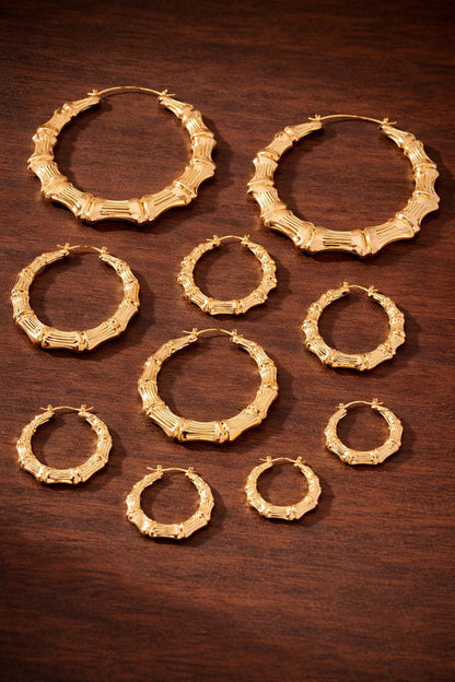 Bamboo Hoop Earrings Set, Minimalist Geometric Metal Hoops, Trendy Statement Jewelry