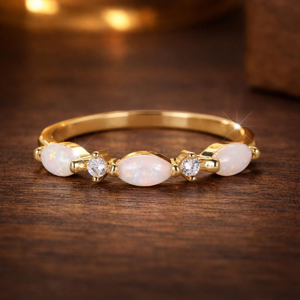 Small Marquise White Opal Ring, Vintage Gold Tone Band, Minimalist Wedding Jewelry