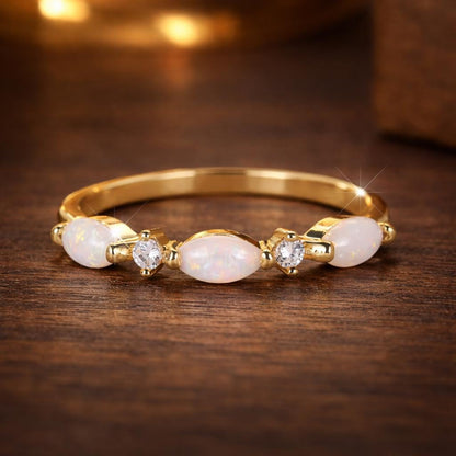 Small Marquise White Opal Ring, Vintage Gold Tone Band, Minimalist Wedding Jewelry