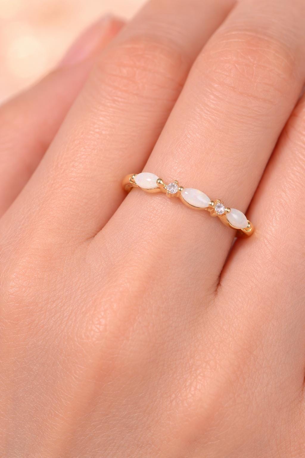Small Marquise White Opal Ring, Vintage Gold Tone Band, Minimalist Wedding Jewelry