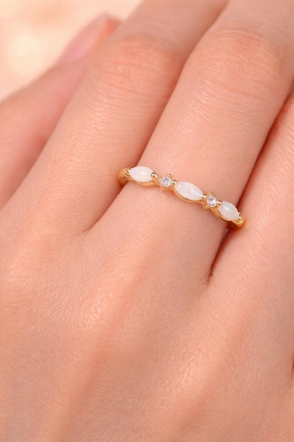 Small Marquise White Opal Ring, Vintage Gold Tone Band, Minimalist Wedding Jewelry
