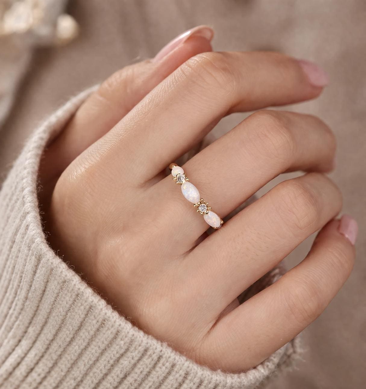 Small Marquise White Opal Ring, Vintage Gold Tone Band, Minimalist Wedding Jewelry
