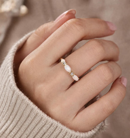Small Marquise White Opal Ring, Vintage Gold Tone Band, Minimalist Wedding Jewelry