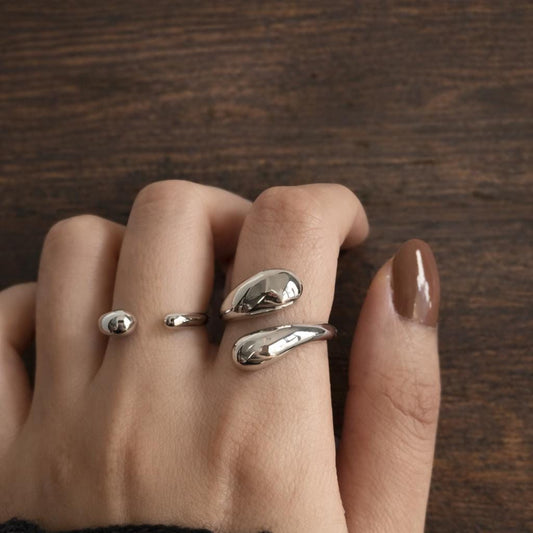Stainless Steel Double Ball Open Ring – Minimalist Geometric Adjustable Gold Tone