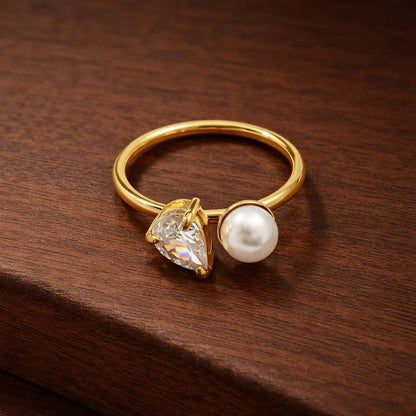 Pearl Teardrop Ring, Stainless Steel CZ Dainty Minimalist Waterproof Jewelry