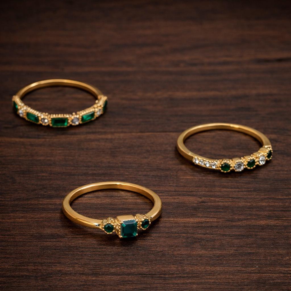 Gold Oval Zircon Ring Set, Minimalist Stackable Stainless Steel, Wedding Jewelry
