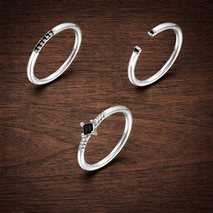 Minimalist Black Crystal Ring Set: Geometric Stainless Steel Stackable Band