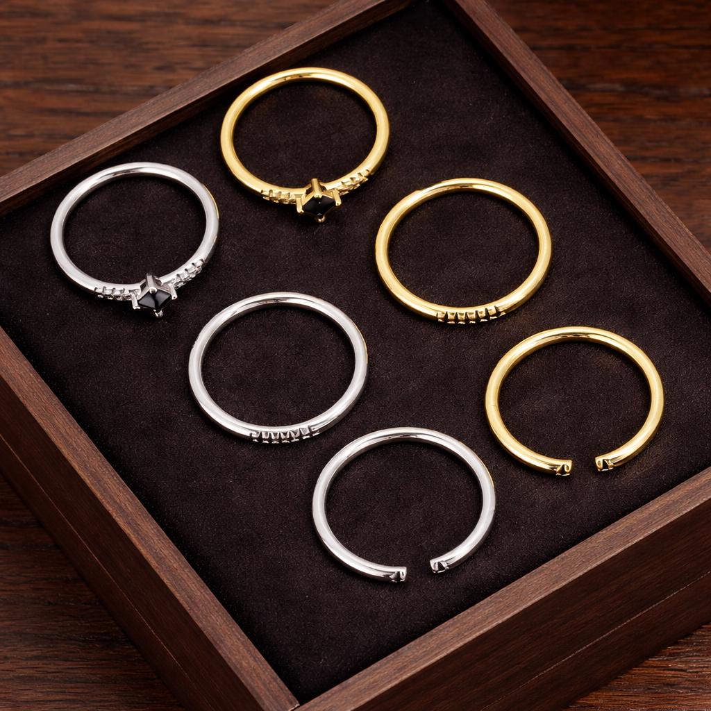Minimalist Black Crystal Ring Set: Geometric Stainless Steel Stackable Band