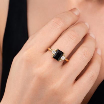 Square Black Zircon Ring, Minimalist Gold Plated Jewelry, Wedding Bride Statement Ring