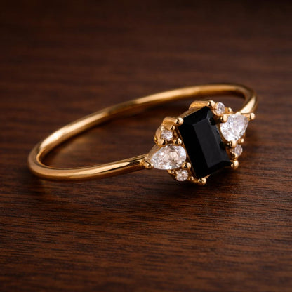 Square Black Zircon Ring, Minimalist Gold Plated Jewelry, Wedding Bride Statement Ring