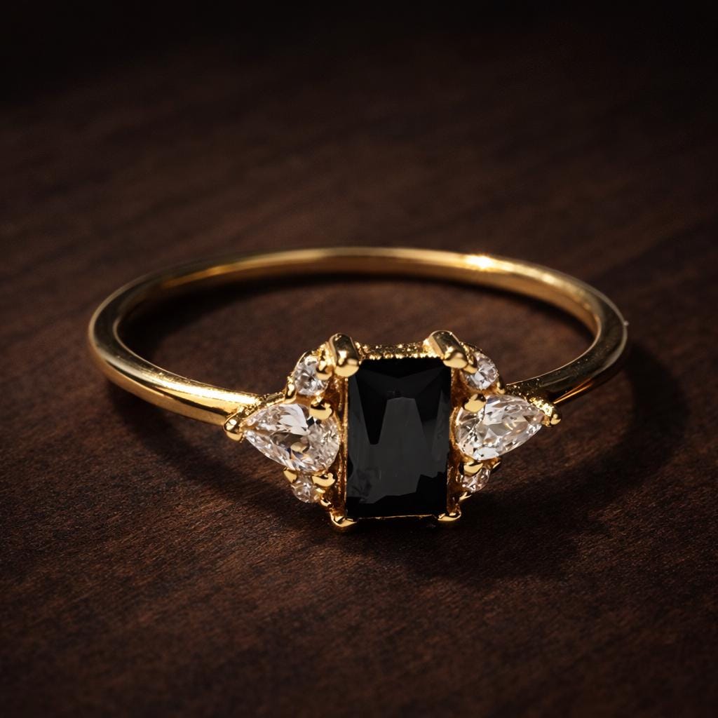 Square Black Zircon Ring, Minimalist Gold Plated Jewelry, Wedding Bride Statement Ring
