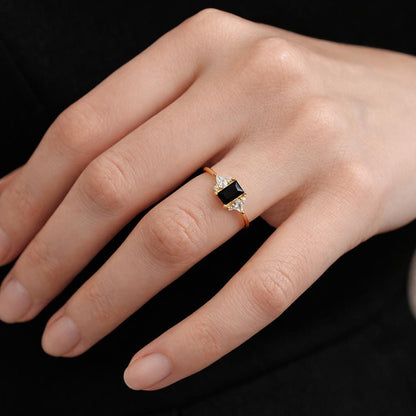 Square Black Zircon Ring, Minimalist Gold Plated Jewelry, Wedding Bride Statement Ring