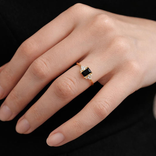 Square Black Zircon Ring, Minimalist Gold Plated Jewelry, Wedding Bride Statement Ring