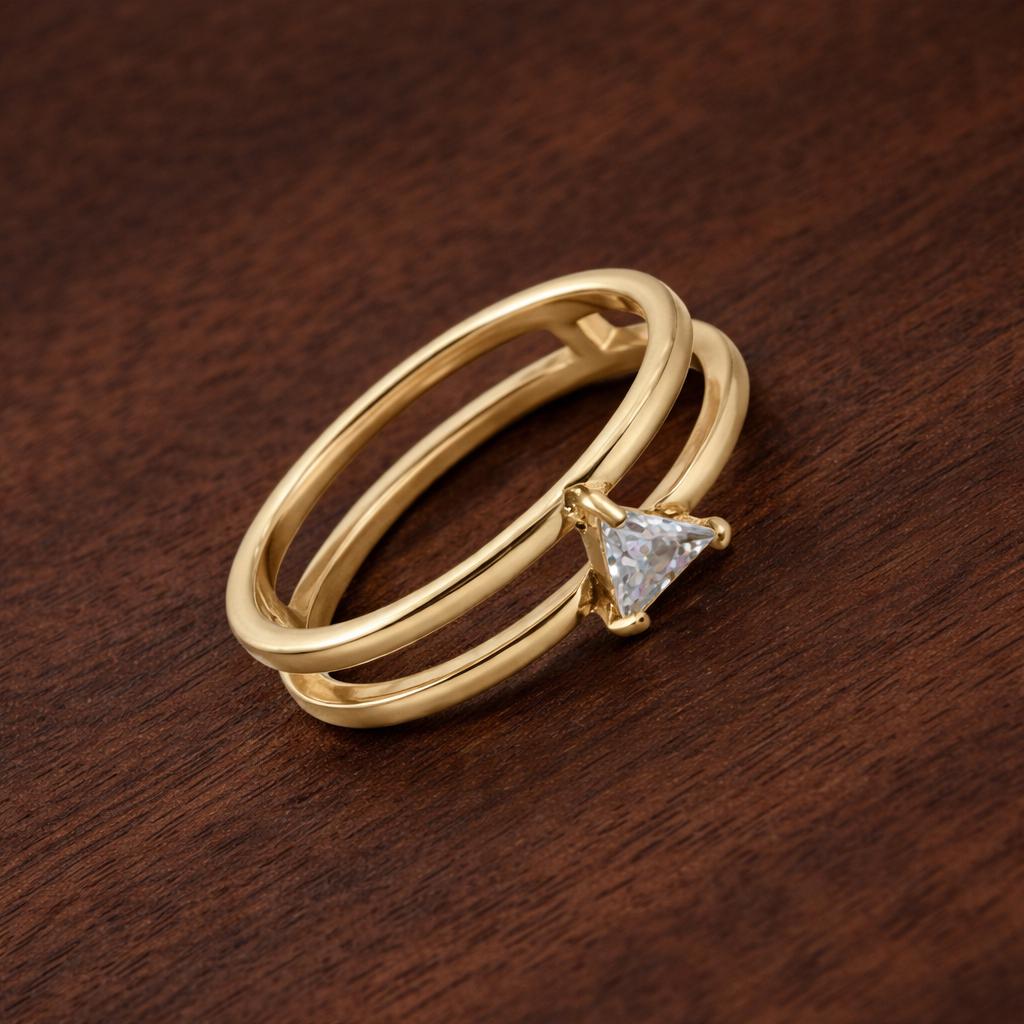 Gold Plated Stainless Steel Triangle Zircon Ring, Two Layer Geometric Stacking Jewelry