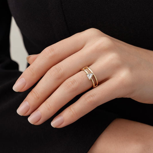 Gold Plated Stainless Steel Triangle Zircon Ring, Two Layer Geometric Stacking Jewelry