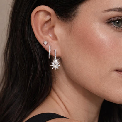 Octagonal Star Zircon Earrings Set: Gold Plated Stainless Steel Hoops & Studs