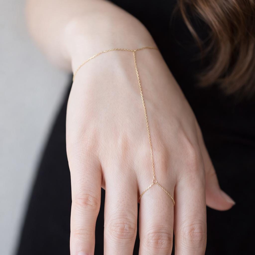 Minimalist Gold Stainless Steel Hand Chain Bracelet Ring – Elegant Beaded Jewelry