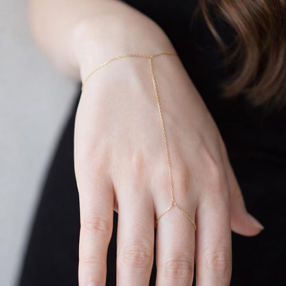 Minimalist Gold Stainless Steel Hand Chain Bracelet Ring – Elegant Beaded Jewelry