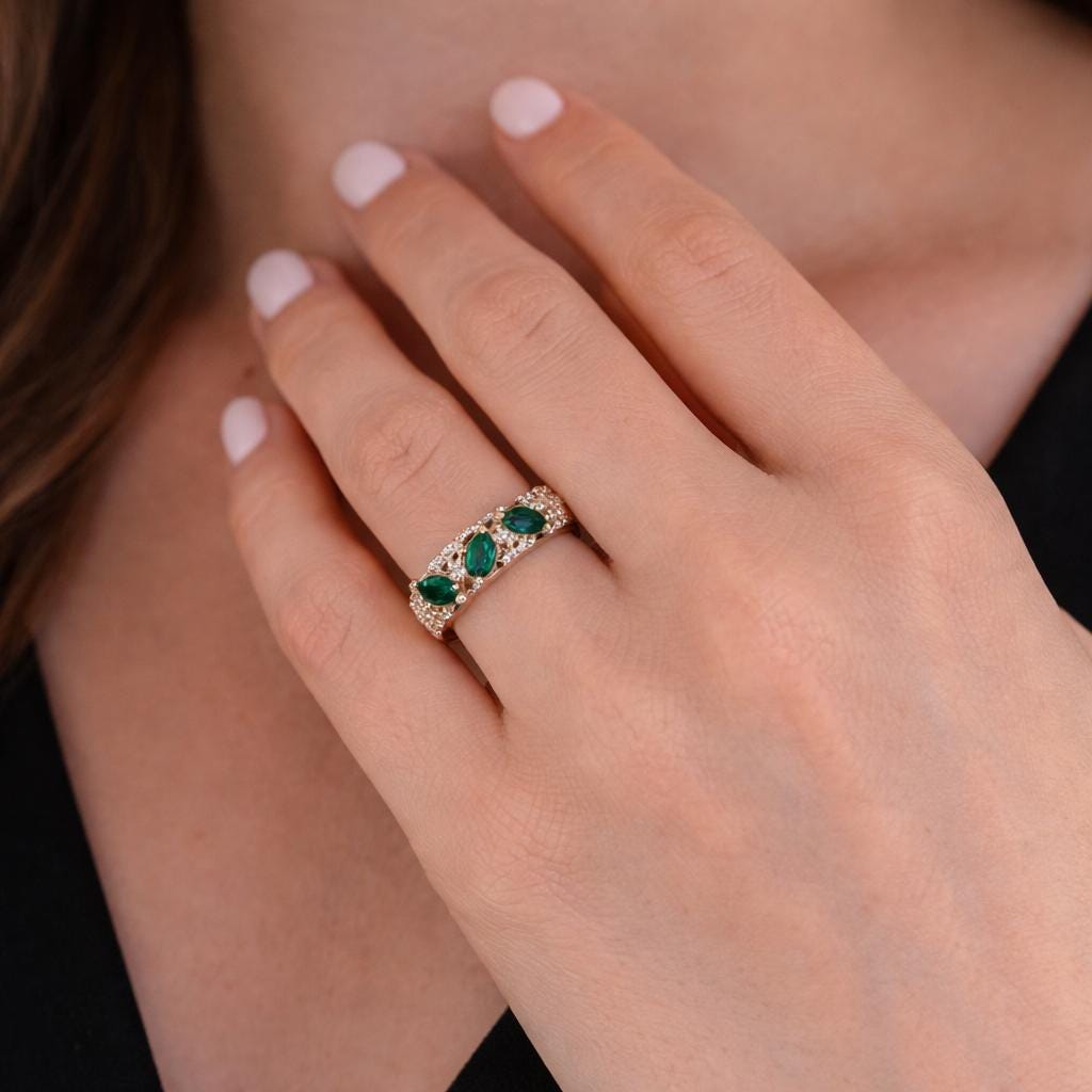 Retro Green Marquise Cut Rhinestone Ring, Silver Tone Statement Band, Vintage Wedding Jewelry
