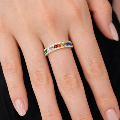 Rainbow CZ Stackable Eternity Ring, Silver Gold Color Band, Trendy Colorful Jewelry