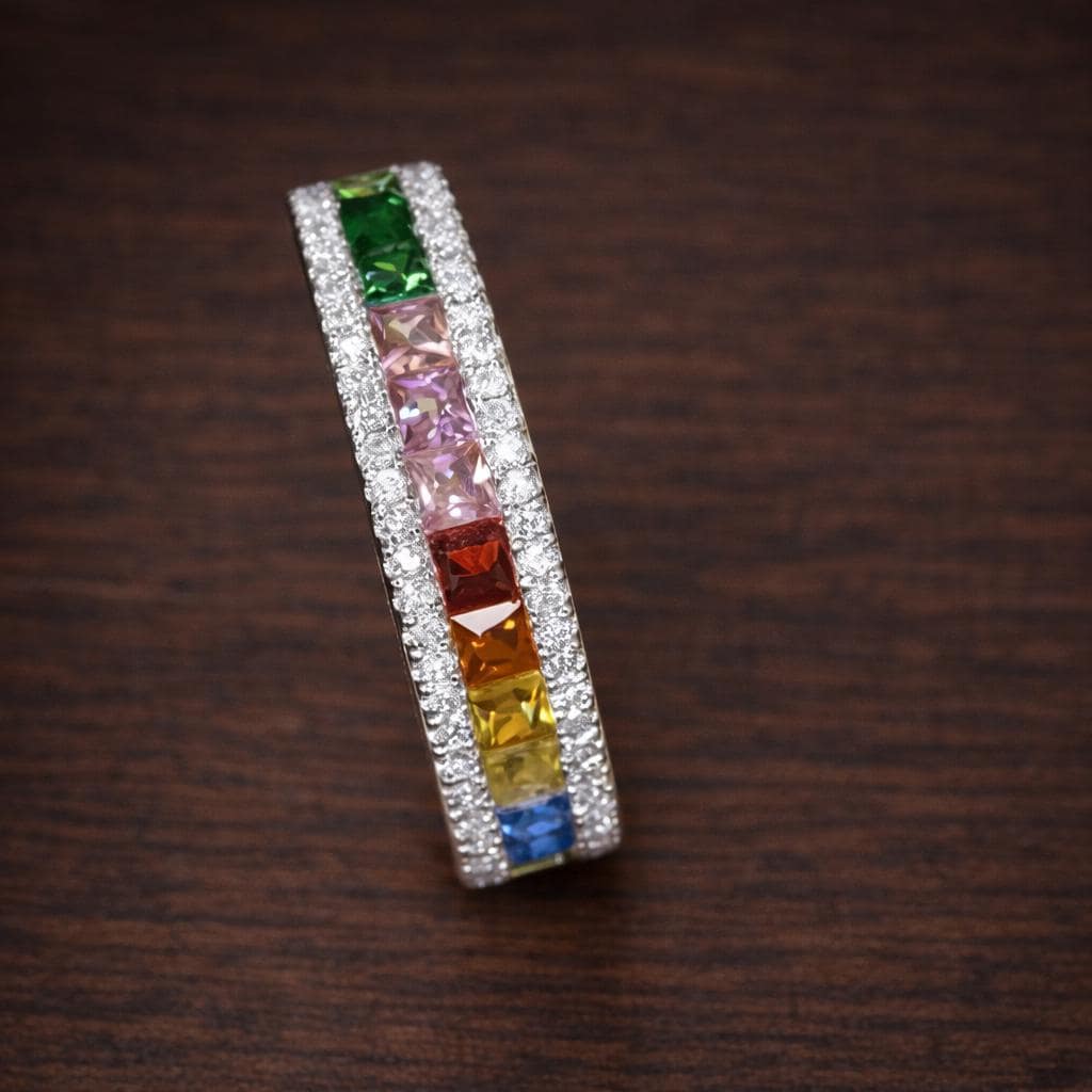 Rainbow CZ Stackable Eternity Ring, Silver Gold Color Band, Trendy Colorful Jewelry